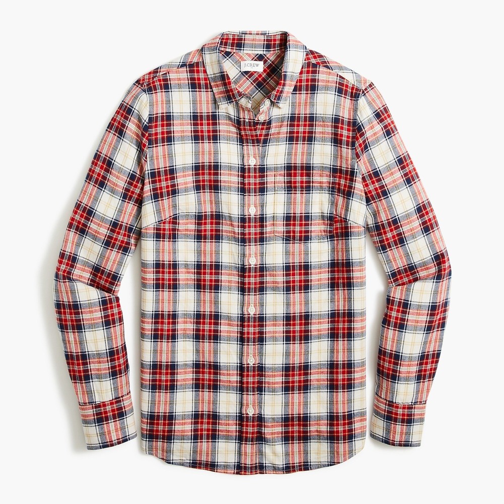 J.Crew Plaid Tartan Button Down Shirt Women L Red Navy Cotton Flannel Preppy